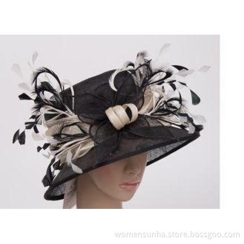 8cm Brim Ladies Sinamay Hats With Black White Feather , Lad
